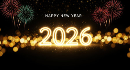 A glowing '2026' centerpiece illuminates a dark background adorned with colorful fireworks and soft, out-of-focus bokeh lights.の素材