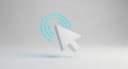 A white 3D cursor icon hovers above a surface with glowing blue digital ripples emanating from its tip, symbolizing a click or selection.の素材