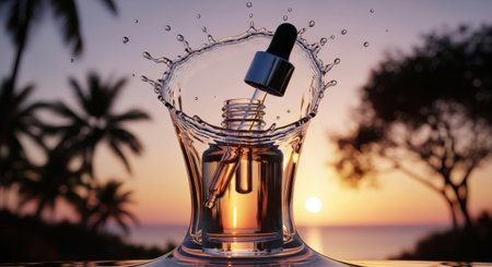 A dropper bottle of golden serum splashes into a glass of water against a tropical sunset backdrop.の素材