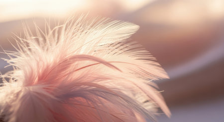A close-up macro shot of a delicate pink feather bathed in soft, warm sunlight, creating a dreamy bokeh effect.の素材