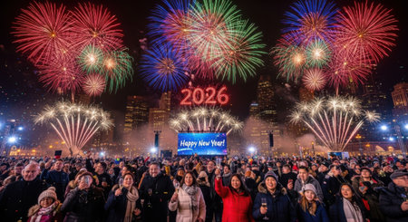 A large crowd gathers at night to watch a vibrant fireworks show celebrating the arrival of the year 2026.の素材