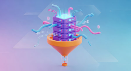 A vibrant, abstract 3D render depicts a stack of glowing cubes with colorful tendrils flowing into an orange funnel against a gradient background.の素材