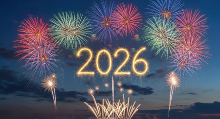 Vibrant fireworks illuminate the night sky, forming the number 2026, signifying a festive New Year celebration.の素材