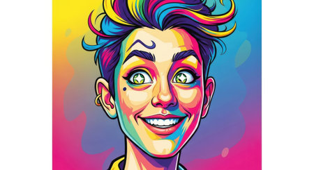 A stylized, colorful cartoon portrait of a person with wide eyes, a big smile, and brightly colored spiky hair against a vibrant, abstract background.の素材