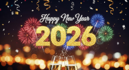A festive New Year's Eve scene with the year 2026 prominently displayed, surrounded by colorful fireworks and champagne glasses.の素材