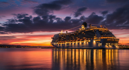 A large, illuminated cruise ship is docked at sunset, its lights reflecting on the calm water under a vibrant, colorful sky.の素材
