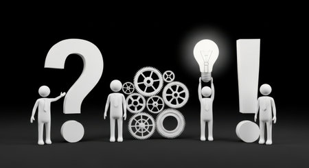 Three white figurines stand near a large question mark, gears, and an exclamation point, with one holding a glowing lightbulb symbolizing an idea.の素材