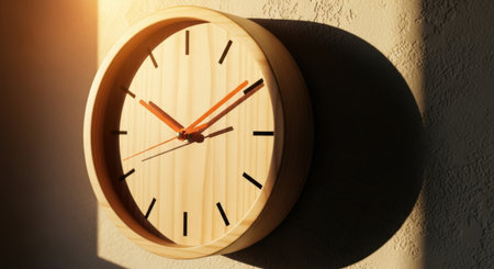 A close-up shot of a simple wooden wall clock, its face illuminated by warm, angled sunlight casting a distinct shadow.の素材