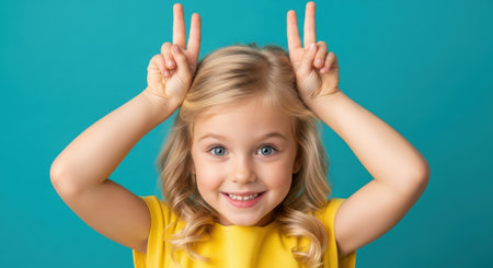 A happy young girl with blonde hair smiles and makes bunny ear gestures with her fingers above her head against a solid blue backdrop.の素材