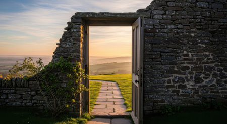 An open stone doorway reveals a sun-drenched path leading through rolling hills and fields under a warm, golden sky.の素材