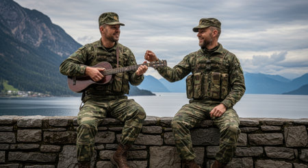 Two soldiers in camouflage uniforms sit on a stone wall, looking at each other, with a calm lake and mountains in the background.の素材