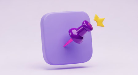 A vibrant purple thumbtack pierces a floating purple square, with a small yellow star nearby, against a light purple background.の素材
