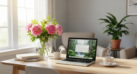 A sunlit home office desk features a laptop, a vase of pink peonies, books, and a potted plant, creating a serene workspace.の素材