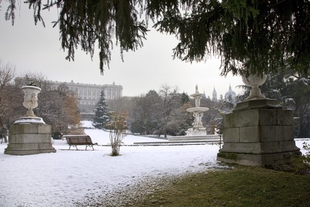 Garden in front of a palace, Madrid Royal Palace, Palacio Real, Madrid, Spainの写真素材