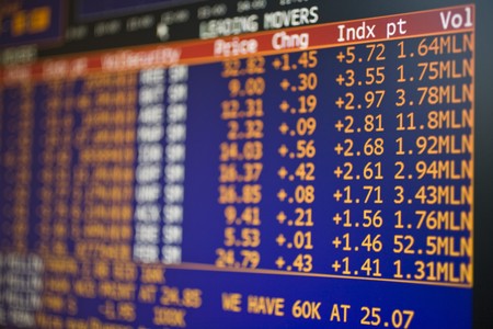 Financial figures on a computer monitor, Madrid, Spainの写真素材