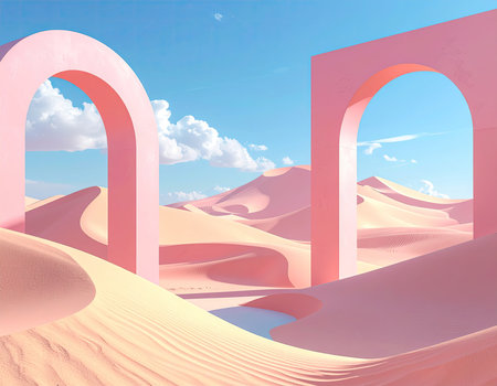 3d illustration of desert landscape with arches and blue sky backgroundの素材