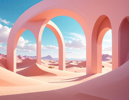 pink arches in the desert, 3d render, abstract backgroundの素材