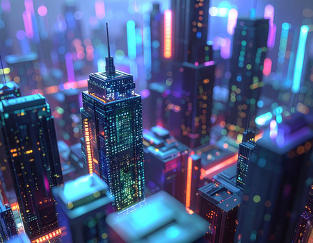 3d illustration of skyscrapers with neon lights in the cityの素材