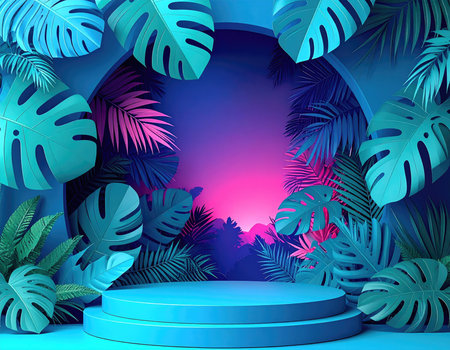 Podium on blue background with tropical leaves. 3d render.の素材