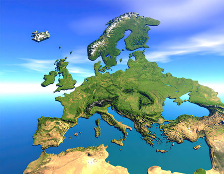Europe on Earth. 3D illustration with detailed planet surface and visible city lights.の素材