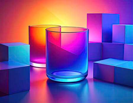 3d render, abstract background, empty glass, geometric shapes, neon colorsの素材