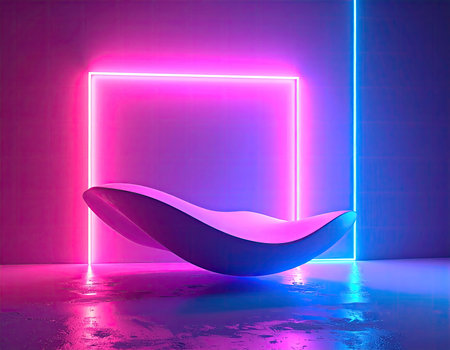 3d rendering of a chair in a room with neon light.の素材