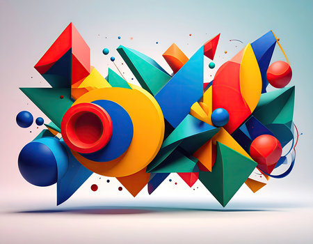 Abstract colorful 3d geometric composition with circles, lines, triangles and ballsの素材