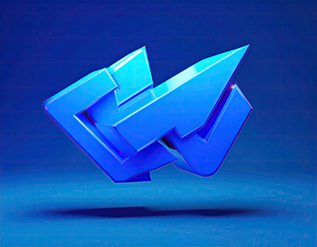 3D blue arrow icon on blue background. Computer generated illustration.の素材