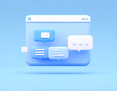 Flat 3d browser window with message icon on blue background. Vector illustrationの素材