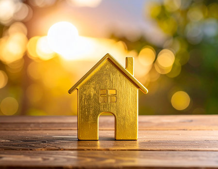 Golden house model on wooden table with bokeh light background.の素材
