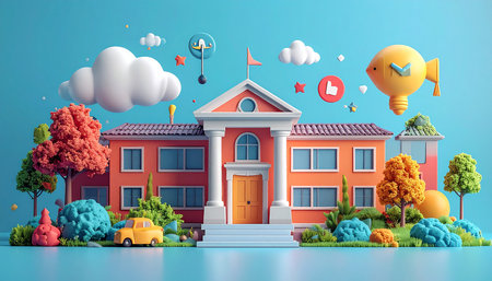 3d render of school building in the city. 3d illustrationの素材