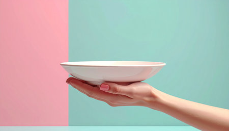 Female hand holding a white bowl on a pink and blue background.の素材