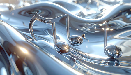 Music notes on a silver metal background. 3d render illustration.の素材
