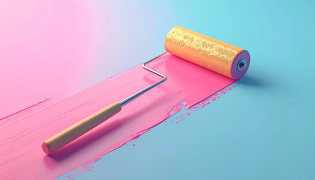 Paint roller with pink paint on a blue background. 3d renderingの素材