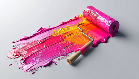 Paint roller with pink and purple paint on a grey background.の素材