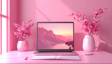 Laptop with pink screen on the table. 3d rendering.の素材