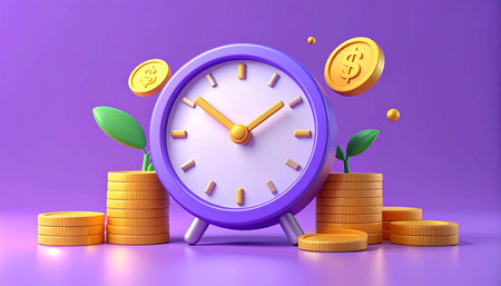 Alarm clock and coins on purple background. 3d rendering.の素材