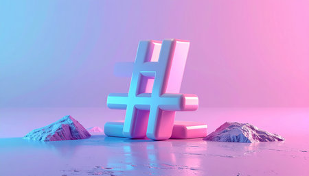 Hashtag symbol in pink and blue colors. 3D rendering.の素材