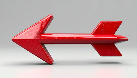 Red arrow on a gray background. 3d rendering. Computer digital drawing.の素材