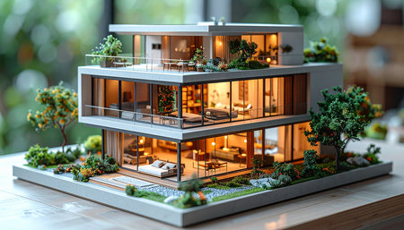 Model of a modern house on a wooden table. 3d renderingの素材