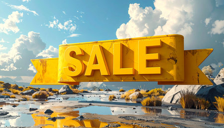 Sale word in yellow letters on blue sky background. 3D renderingの素材