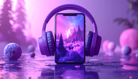 3d rendering of a smartphone with headphones and mountains in the backgroundの素材