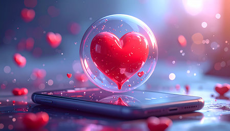 Smartphone with red heart on screen. Valentine's day concept. 3D Renderingの素材
