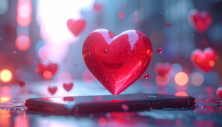 Smartphone with red heart on bokeh background. 3D renderingの素材