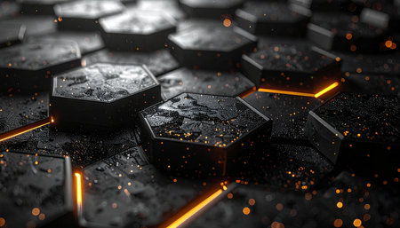 3d rendering of black metallic hexagons with orange light on black backgroundの素材