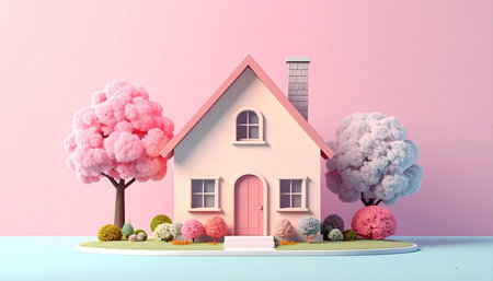 3d rendering of a pink house with a tree and a chimneyの素材