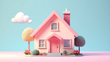 Cute pink house with trees and clouds on blue background. 3D renderingの素材