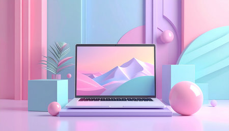 Laptop with abstract background. 3d rendering. Computer digital drawing.の素材