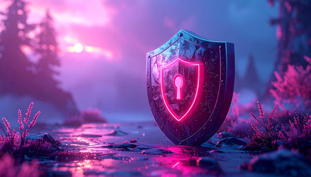 3d rendering of a shield with a padlock in the forest at nightの素材