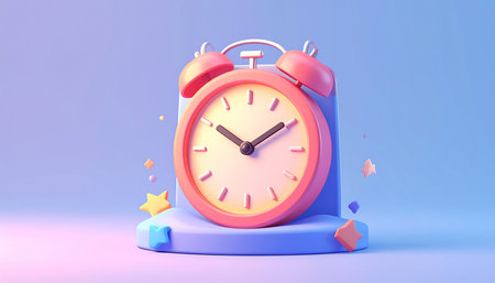 3d rendering of a pink alarm clock on a blue background.の素材